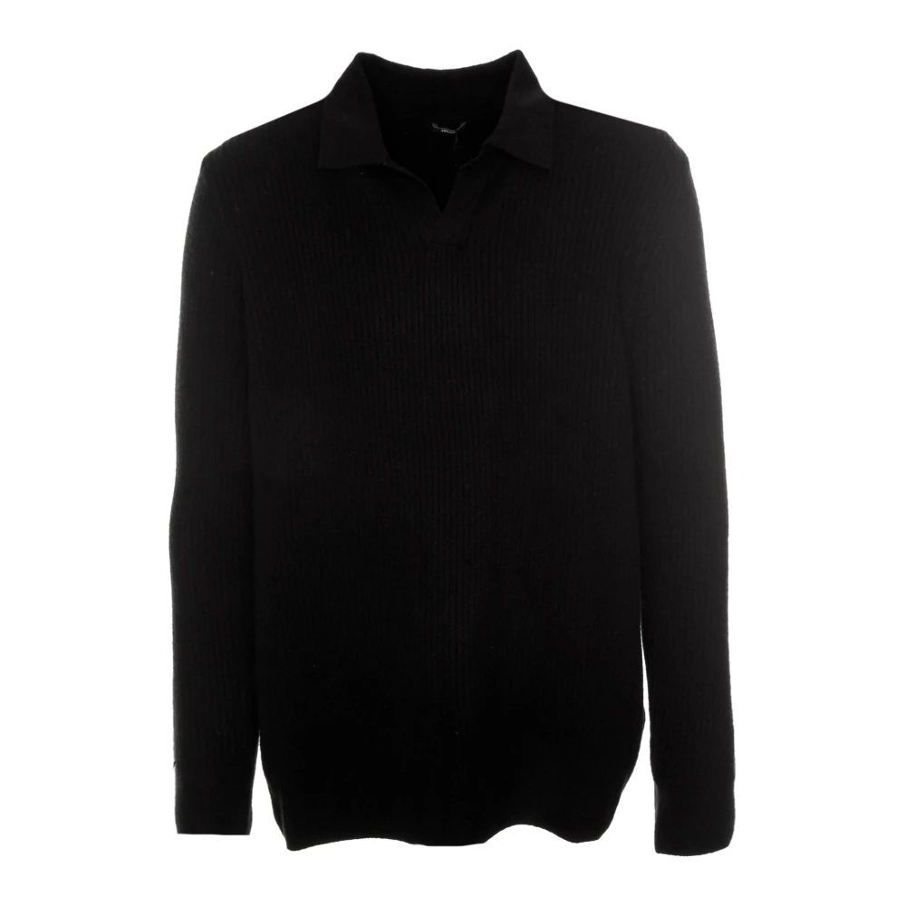 Denham Geribbeld LS Polo Shirt Black Heren