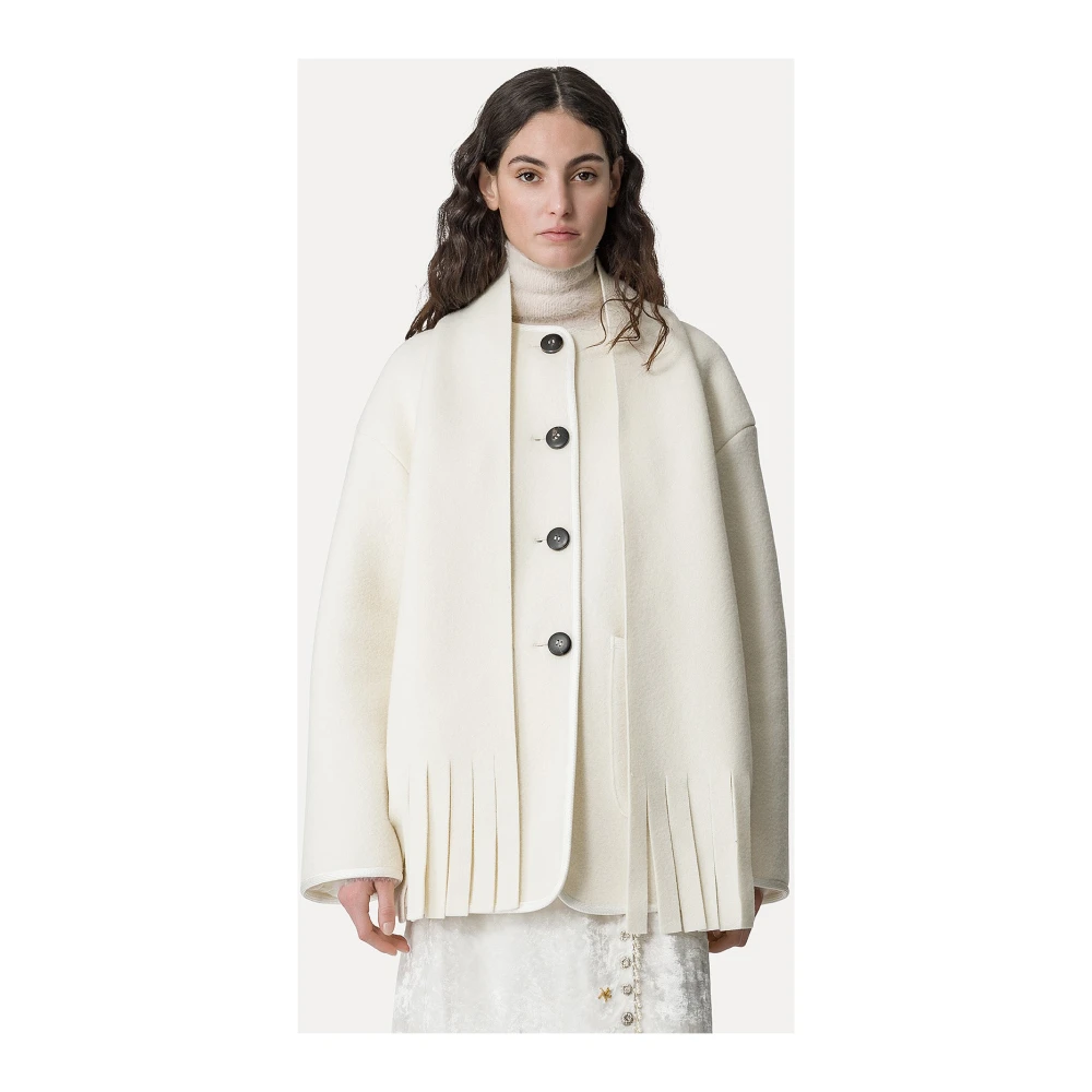 Forte Elfenkleurige wollen jas met franje White Dames