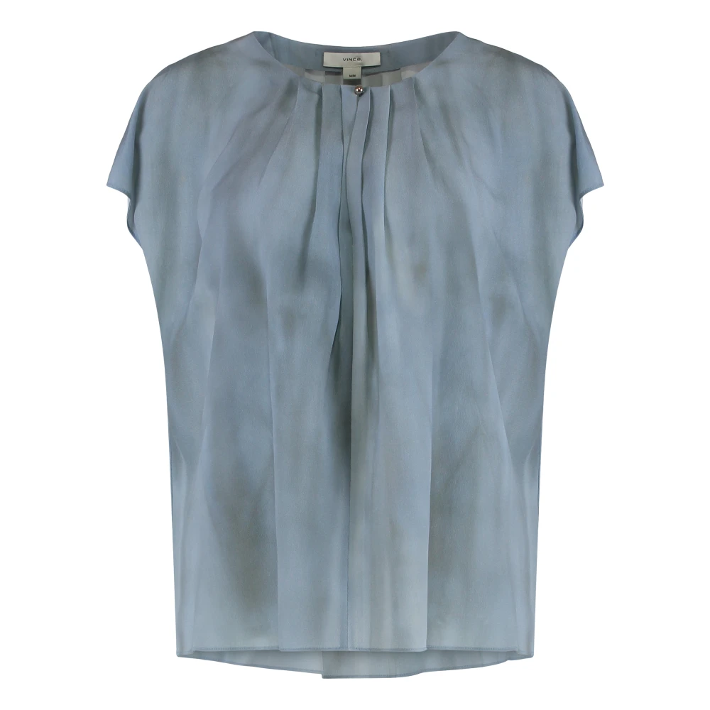 Vince Women's Blue Blouses, M, Washed Ombré Silk Gathered Cap-Sleeve Blouse