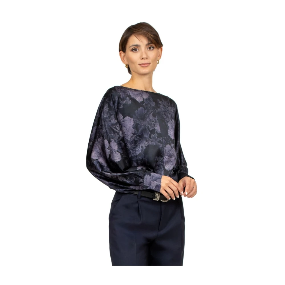 Momoni Blauwe Bedrukte Zijden Boothals Blouse Blue Dames