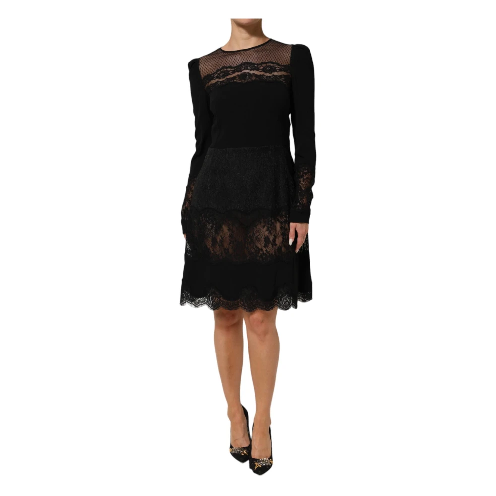 Dolce & Gabbana Women's Black Floral Lace Trim Sheath A-Line Dress