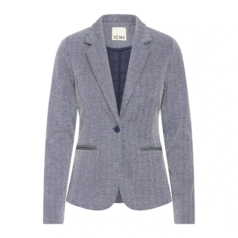 Ichi Women's Gray Blue Herringbone Jacquard Blazer Jacket - Blazers - M - Jackets