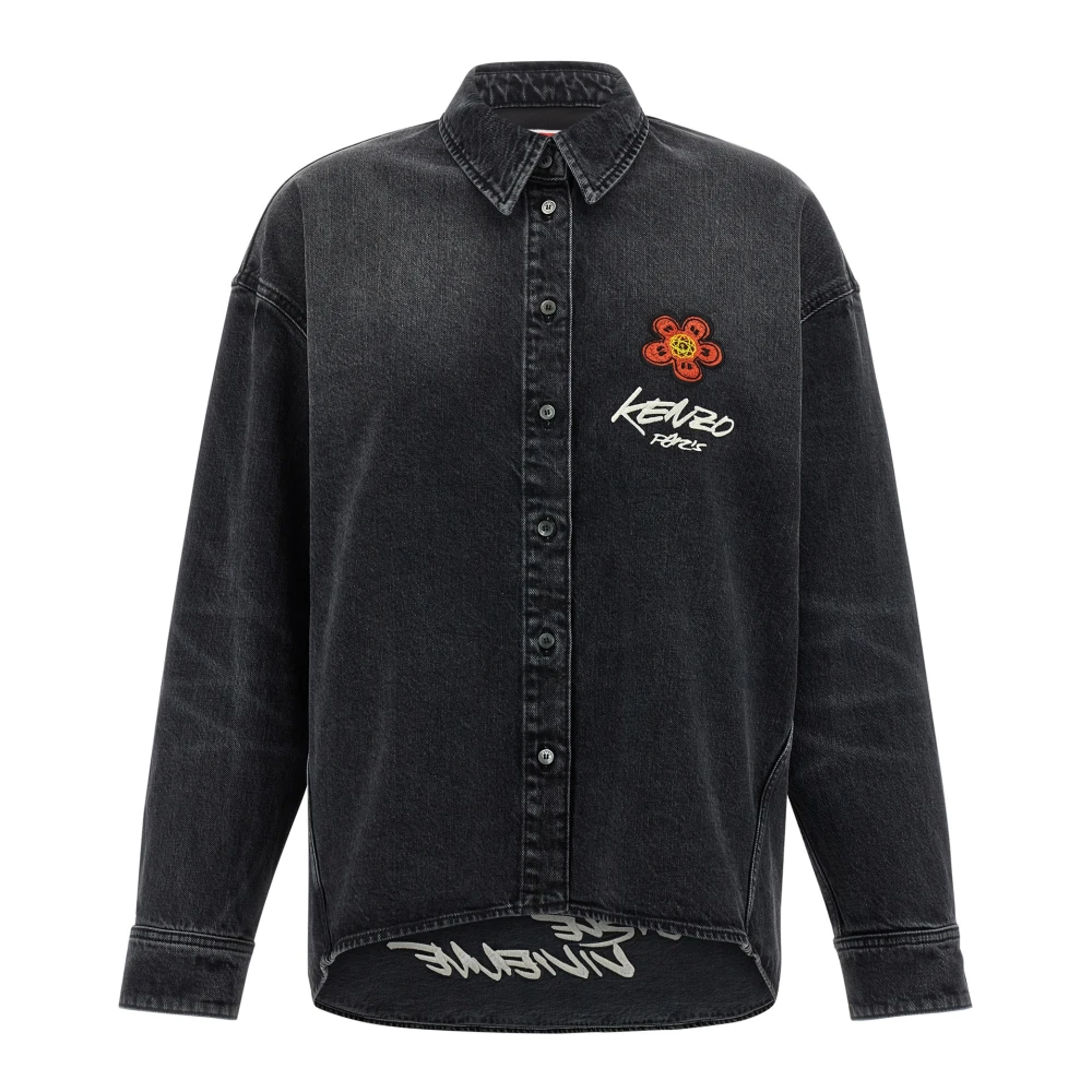 Kenzo Women's Black Embroidered Workwear Shirt In Japanese Denim