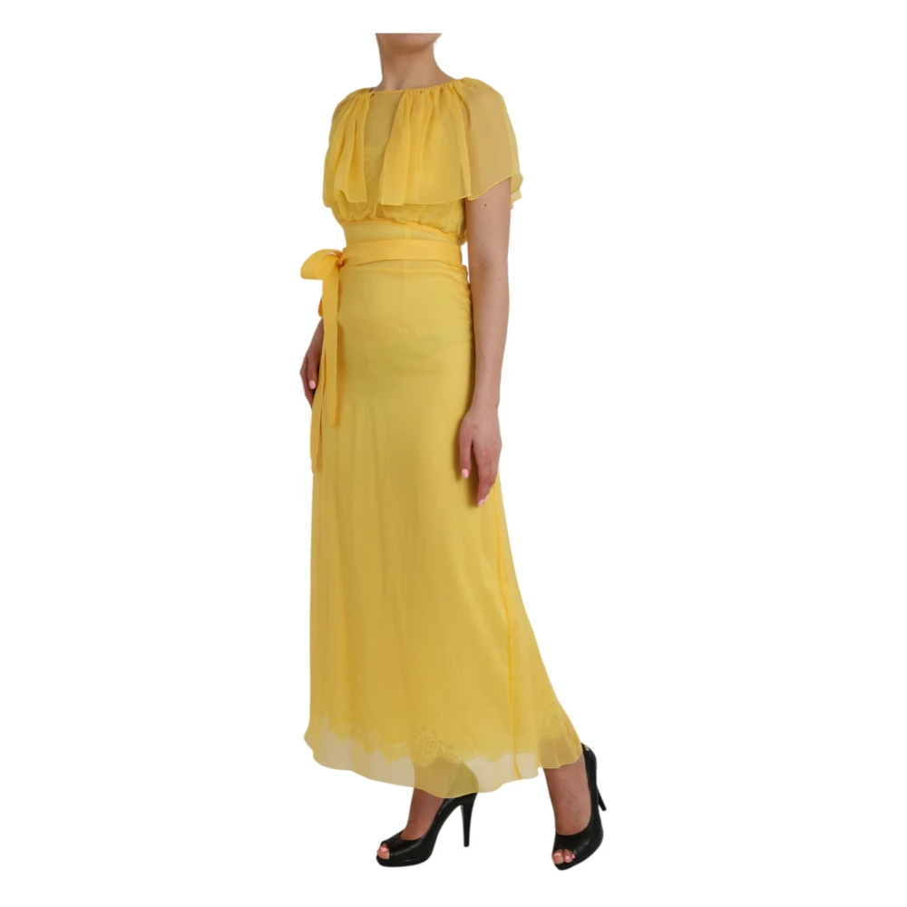 Dolce & Gabbana Gele Zijden Sheath Met Riem Lange Maxi Jurk Yellow Dames