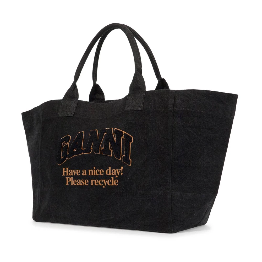 Ganni Denim Logo Tote Tas met Geborduurd Logo Black Dames