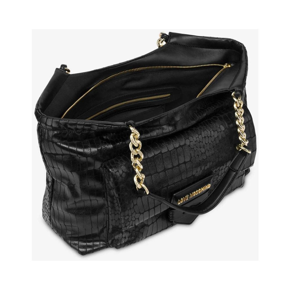 Love Moschino Zwarte Croco Shopper Tas met Gouden Logo Black Dames