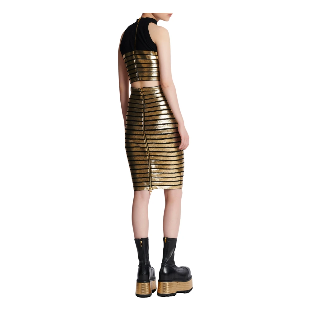 Balmain Gouden Gestreepte Gebreide Knie Rok Yellow Dames