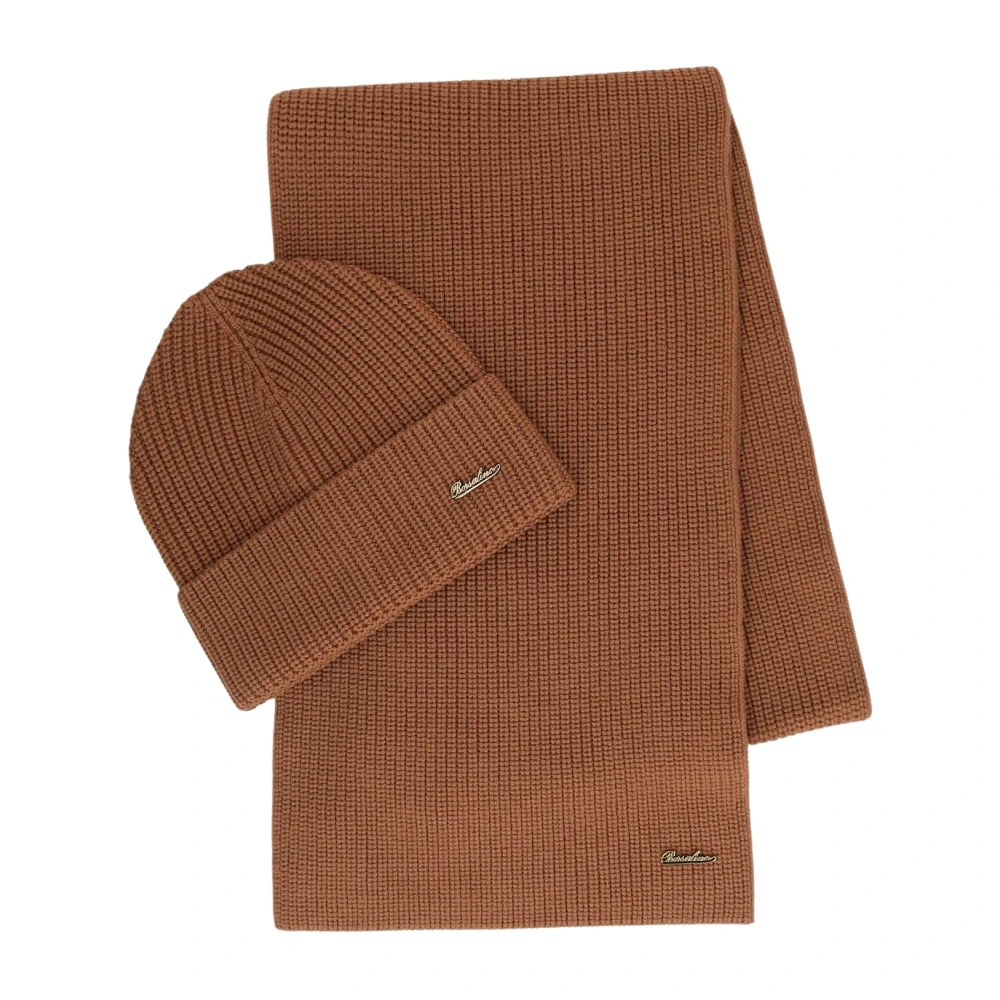 Borsalino Unisex Brown Accessories, One Size, Set Beanie And Scarf In Virgin Wool