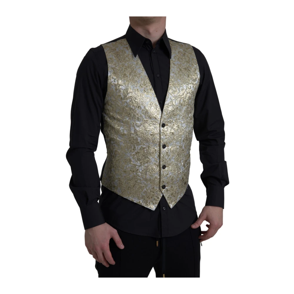 Dolce & Gabbana Men's Gold Floral Jacquard Waistcoat Formal Vest