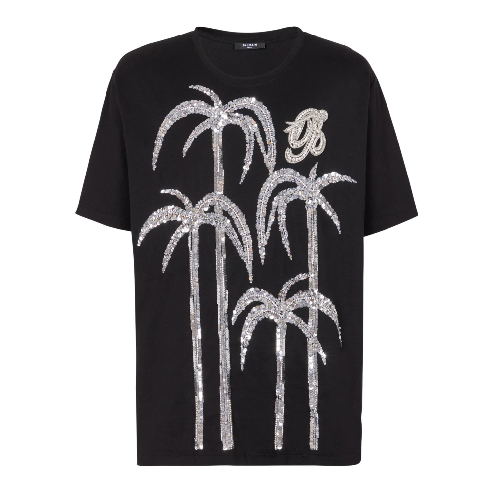 Balmain Palmboom geborduurd T-shirt Black Heren
