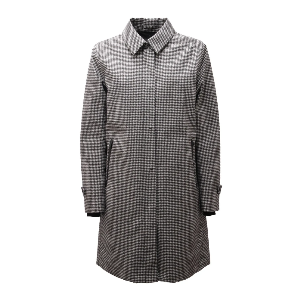 Herno Vrouw Zwart Houndstooth Wollen Jas Met Afneembare Capuchon