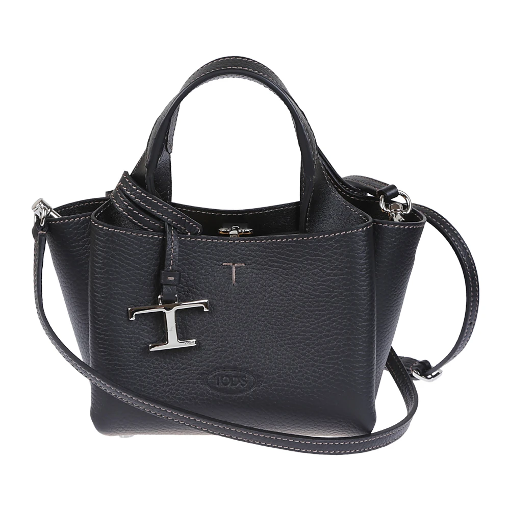 TOD'S Zwarte gehamerde leren tas met metalen T Timeless hanger Black Dames