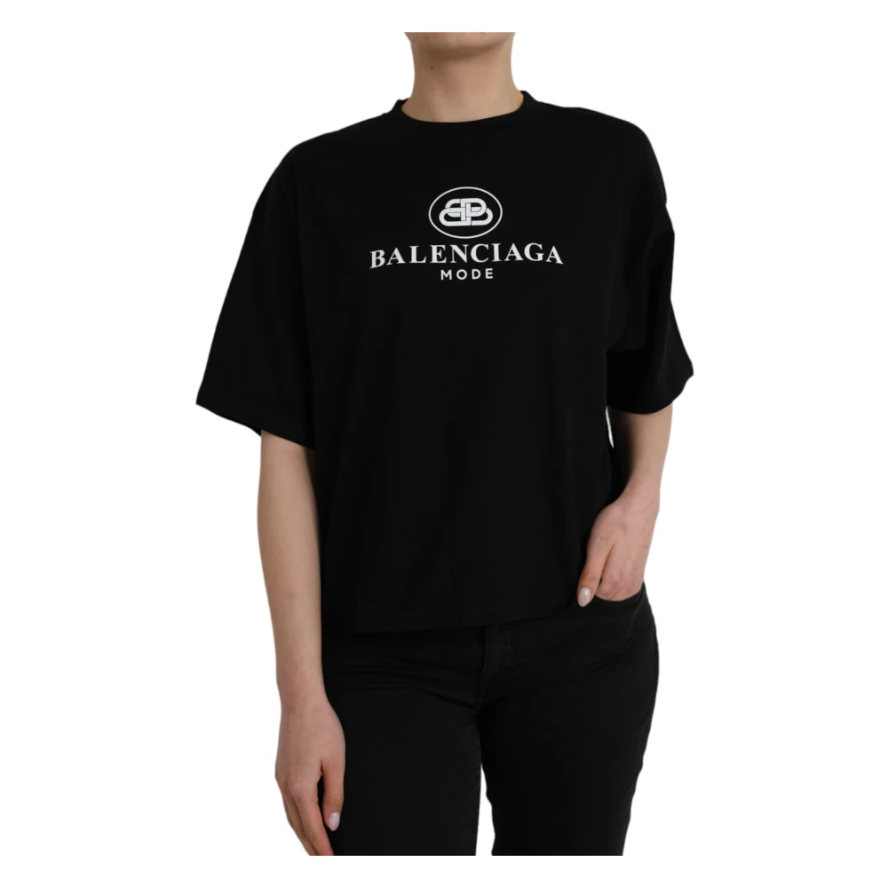 Balenciaga Zwart Katoenen Logo T-shirt met Ronde Hals en Korte Mouwen Black Dames