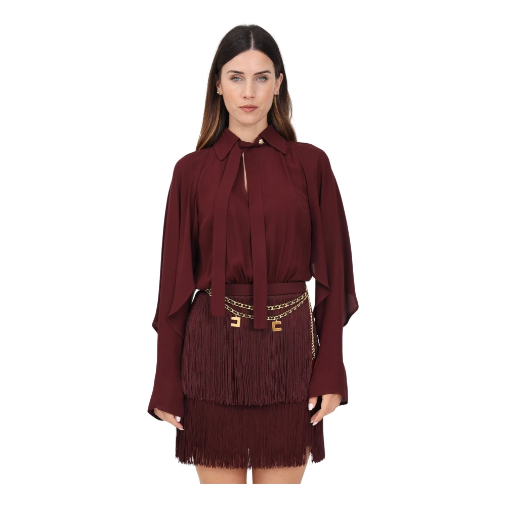 Elisabetta Franchi Bordeaux Georgette Shirt Minijurk met Franje Red Dames