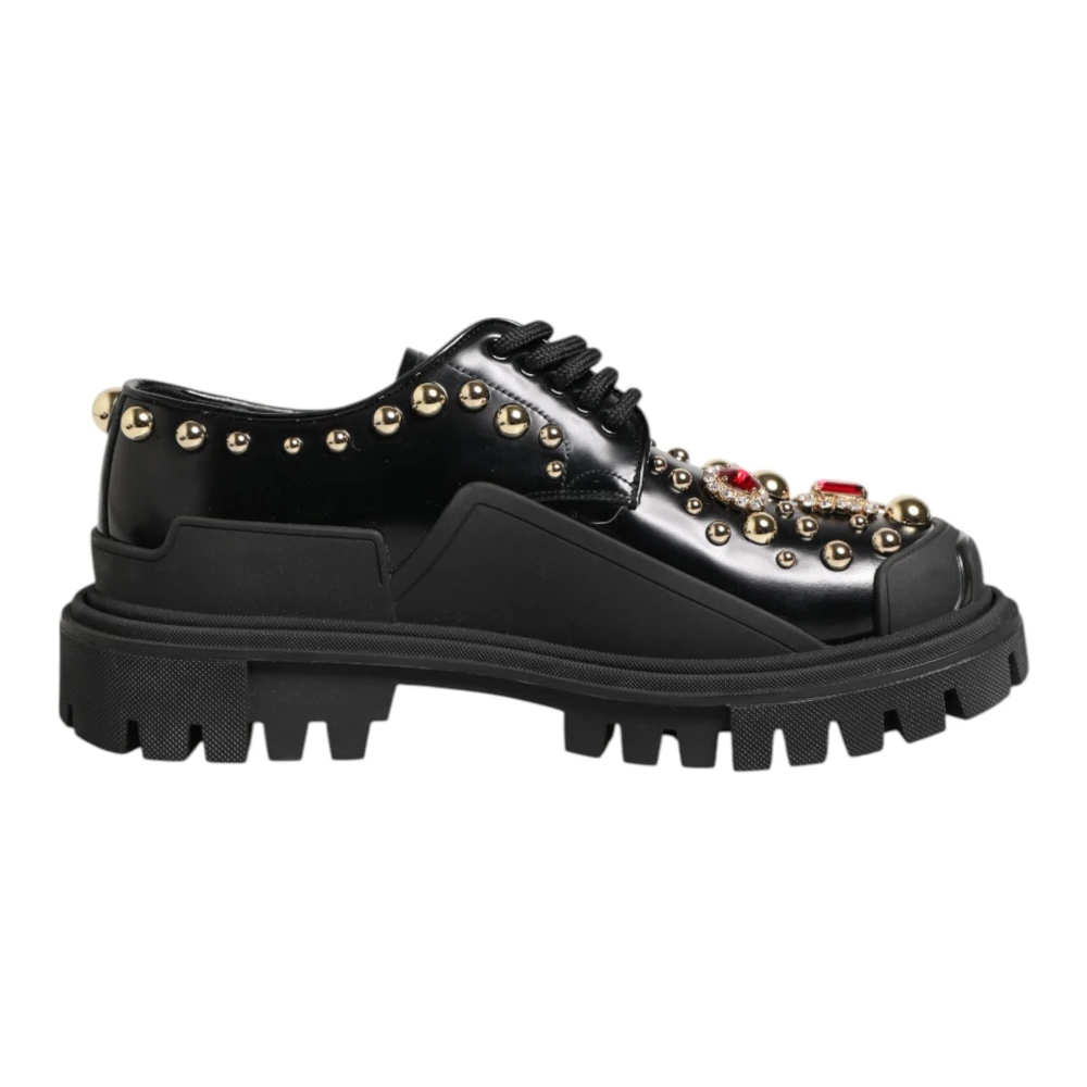 Dolce & Gabbana Women's Black Laced Shoes, 2 1/2 Uk, Leather Jeweled Derby Shoes