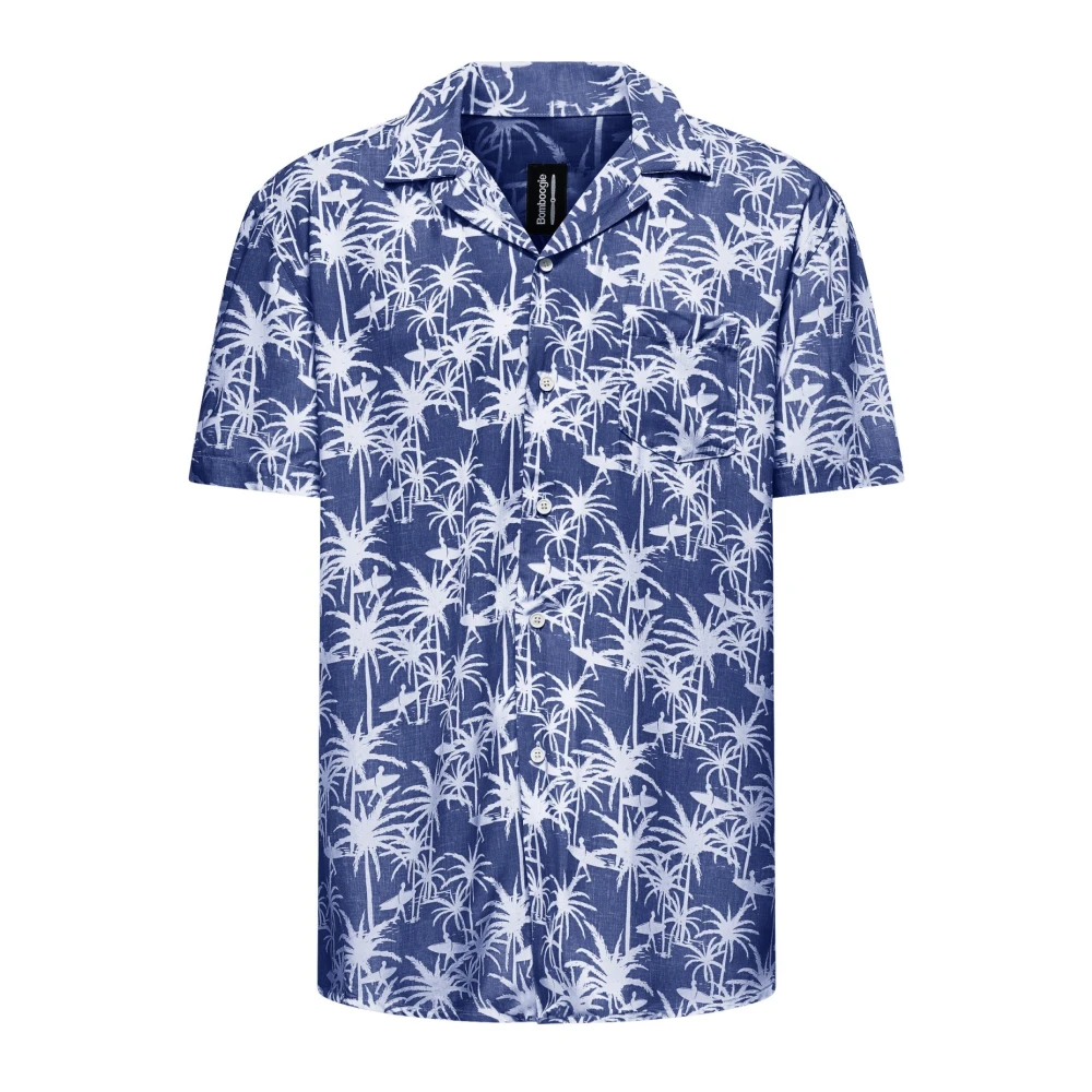 BomBoogie Bowling Kraag Shirt met Palmprint Blue Heren