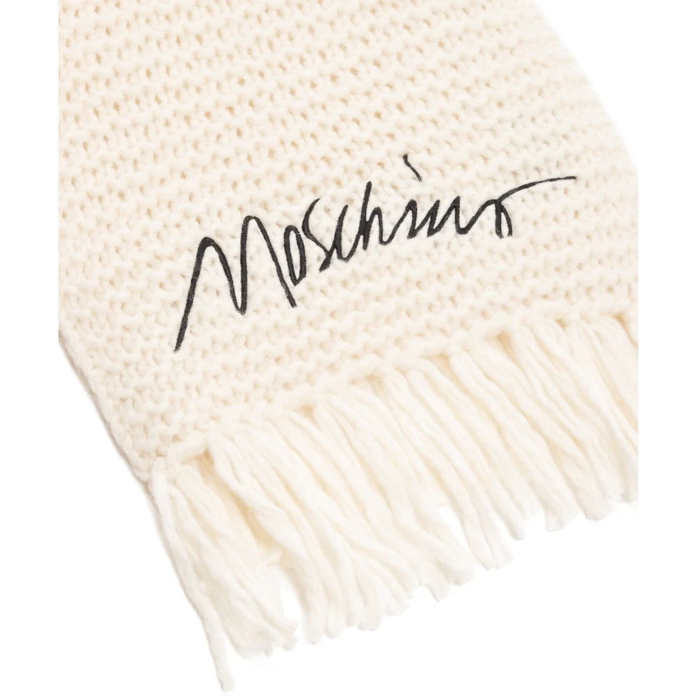Moschino Effen wollen sjaal met franjes en borduursels White Dames