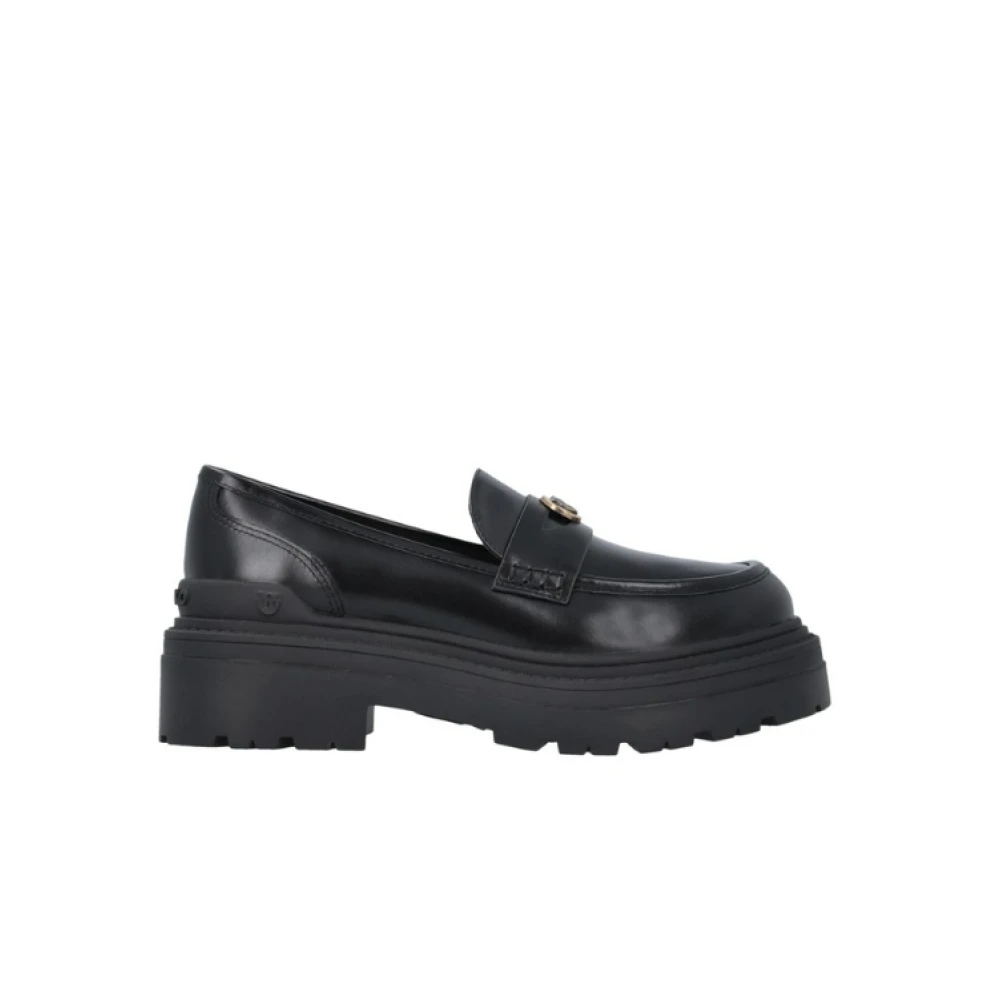 Pinko Women's Black Loafers, 7 Uk, Leather Slip-On Flat Shoes