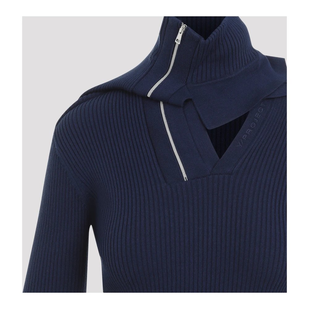 Y Project Navy Aansluitende Trui met Geplooide Schouders Blue Dames