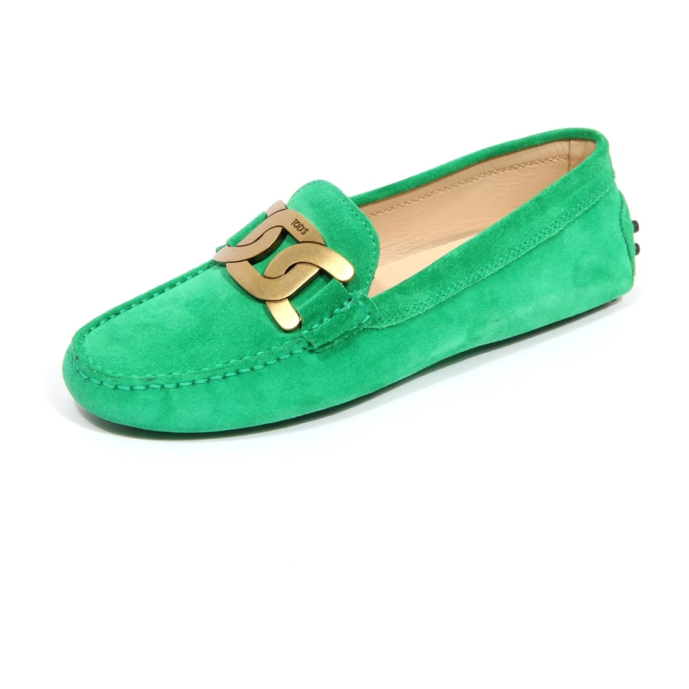 Tod's Women's Green Loafers, 3 Uk, Suede Loafer With Metal Chain Detail
