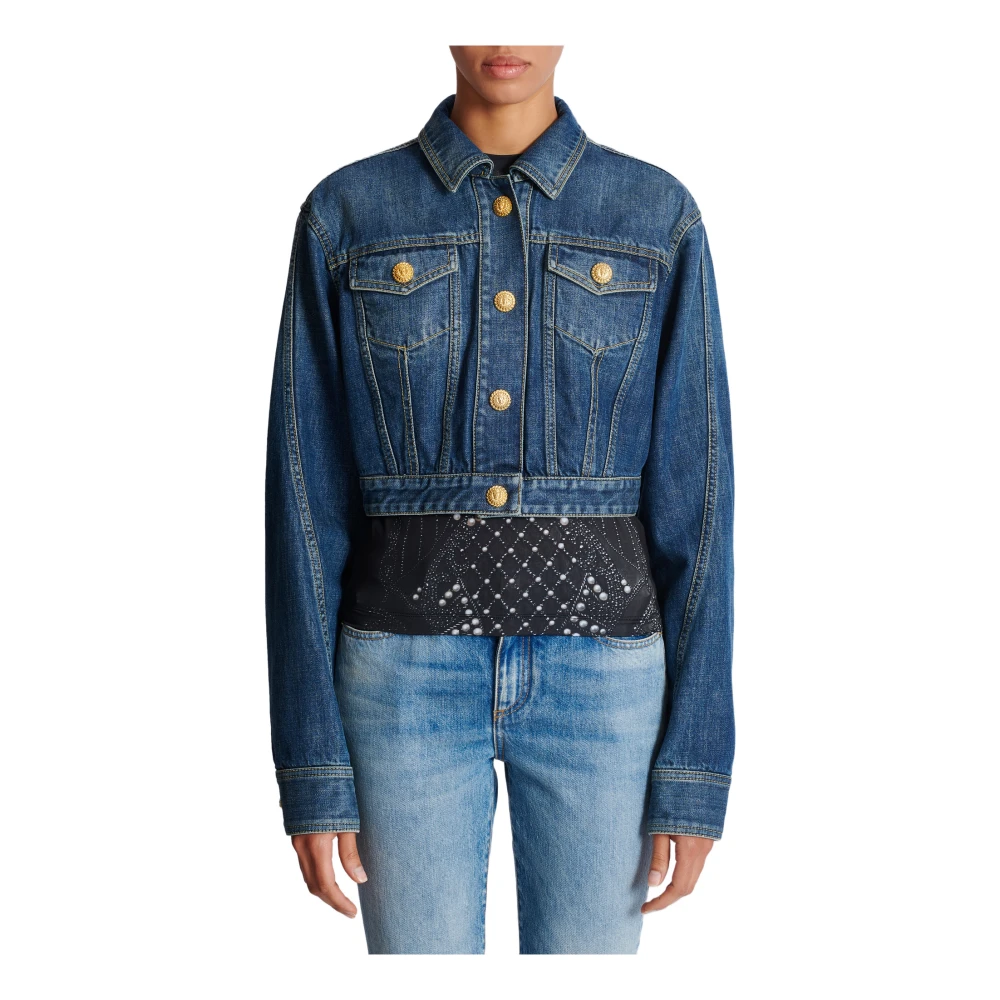 Balmain Geknipte vervaagde spijkerjas Blue Dames