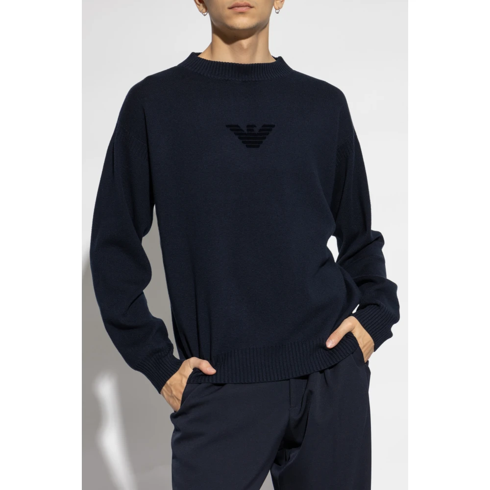 Emporio Armani Trui met logo en fluwelen afwerking Blue Heren