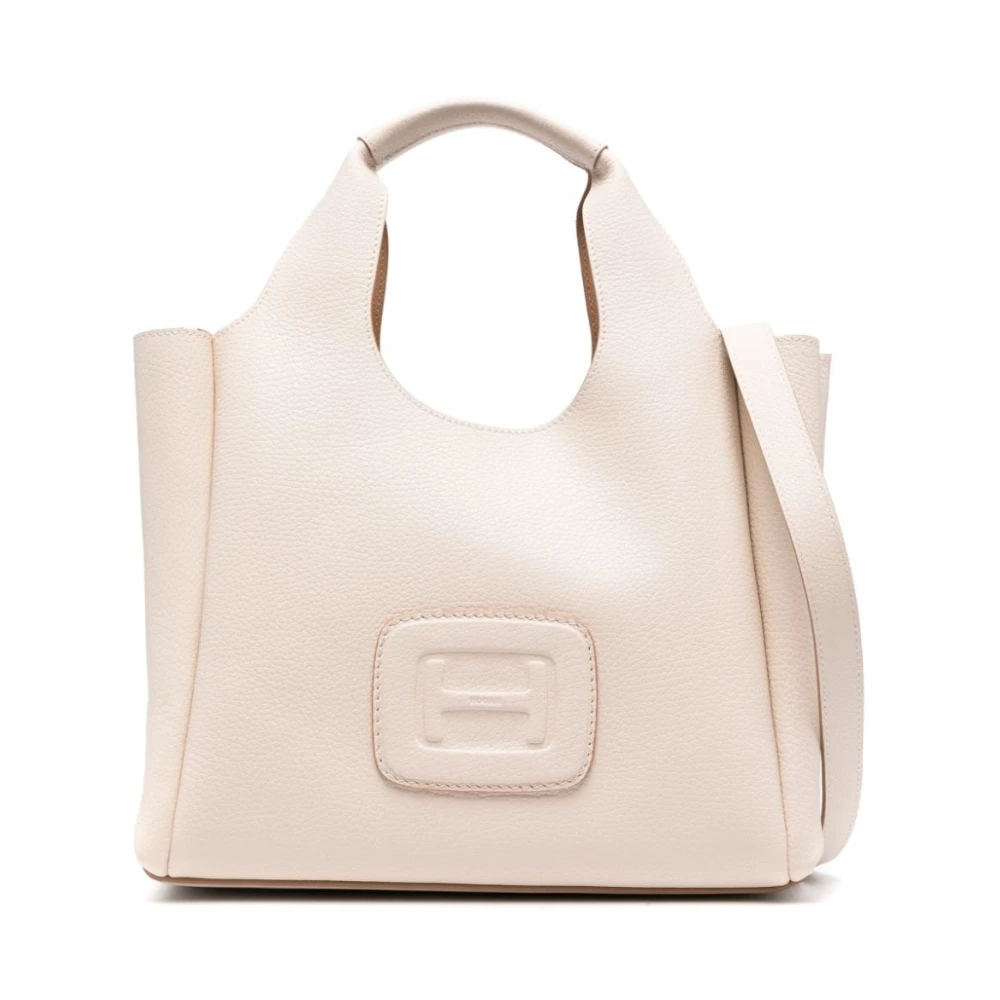 Hogan Gestructureerde Leren Schoudertas met Logo Beige Dames