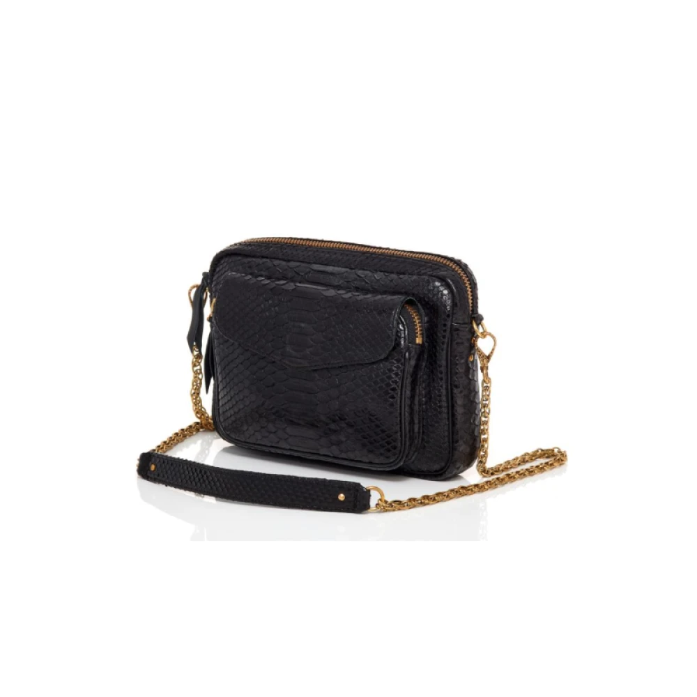 Claris Virot Zwarte Python Schoudertas met Gouden Ketting Black Dames