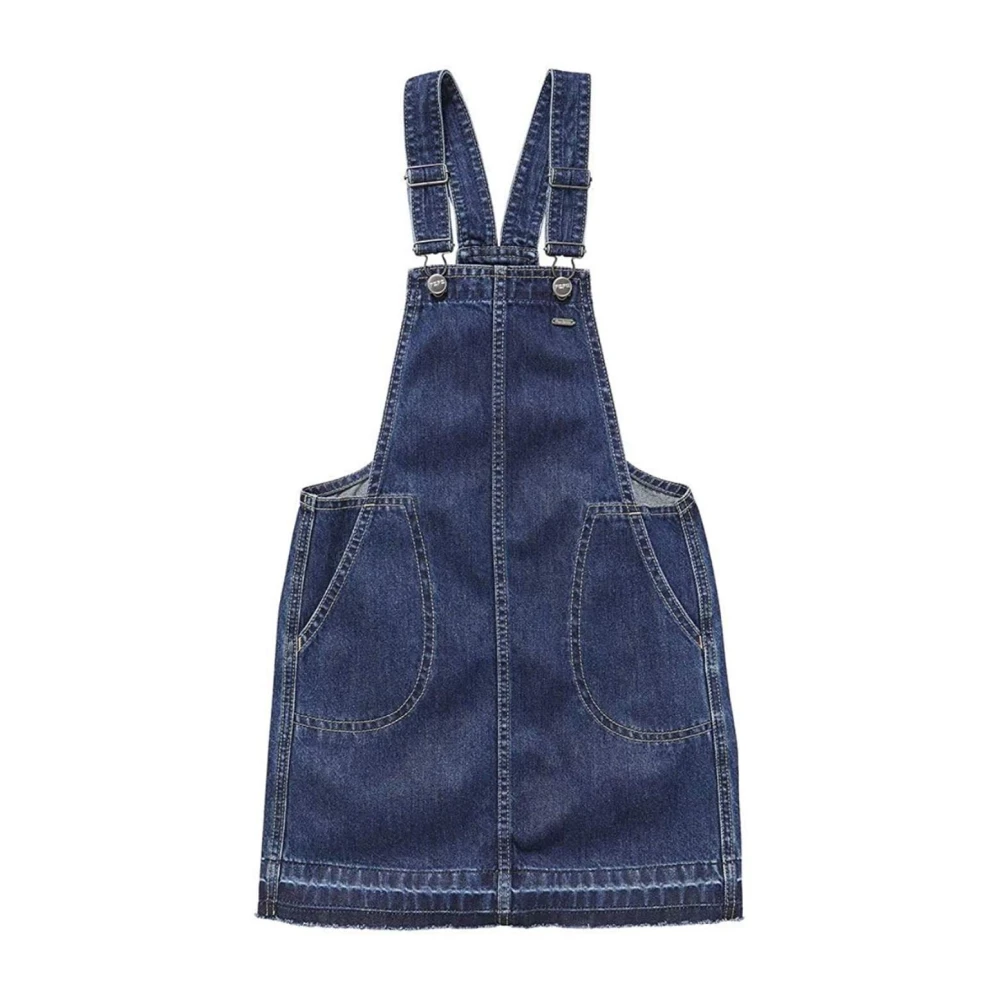 Pepe Jeans Girls Blue Jumpsuits, 12 Y, Denim Pinafore Dress With Frayed Hem