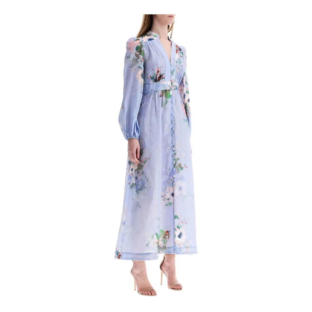 Zimmermann Blauwe Bloemen Plunge Midi Jurk Blue Dames
