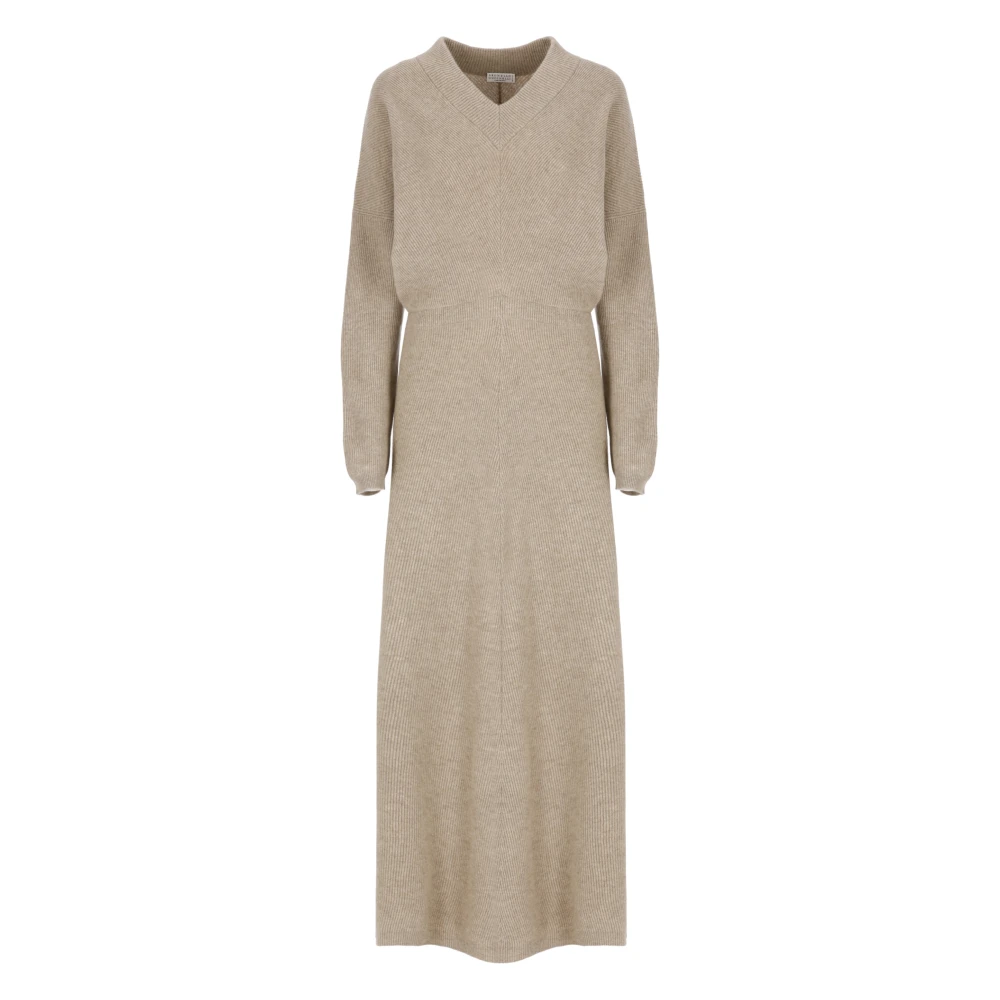 BRUNELLO CUCINELLI Bruine Kasjmier Jurk V-Hals Geribbeld Patroon Brown Dames