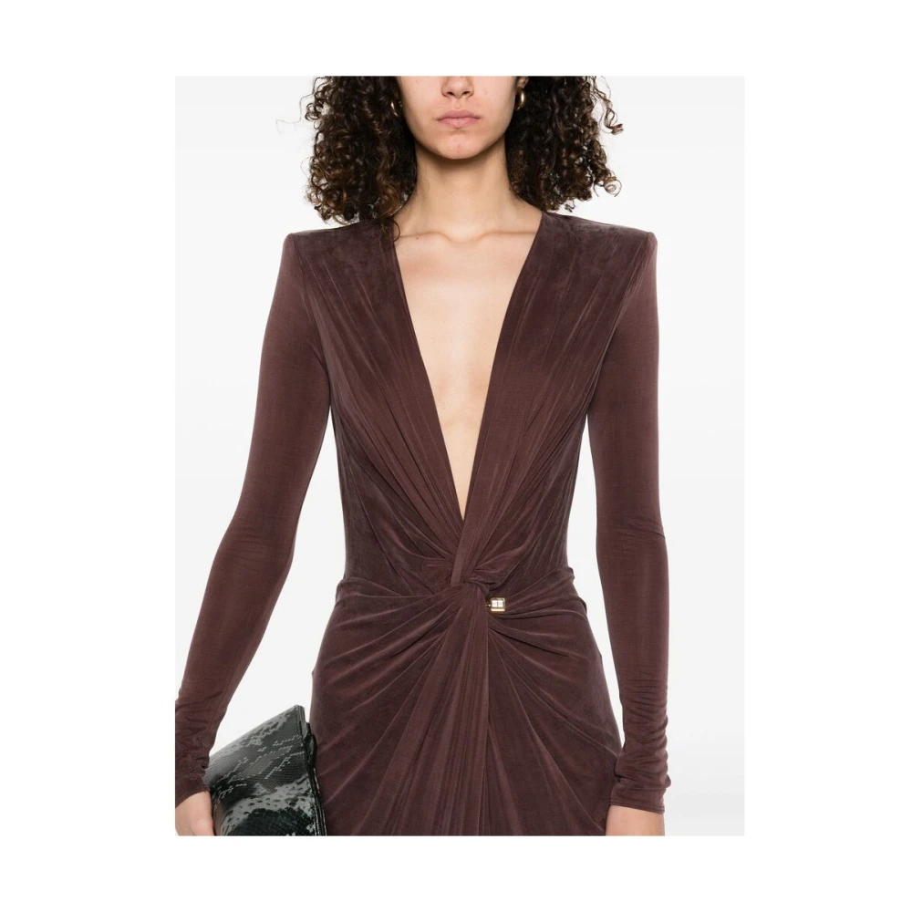 Elisabetta Franchi Chocoladebruine Knoopdetail Jurk Brown Dames
