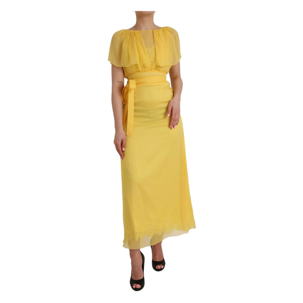 Dolce & Gabbana Gul Silke Sheath Bälteslång Maxi Klänning Yellow, Dam