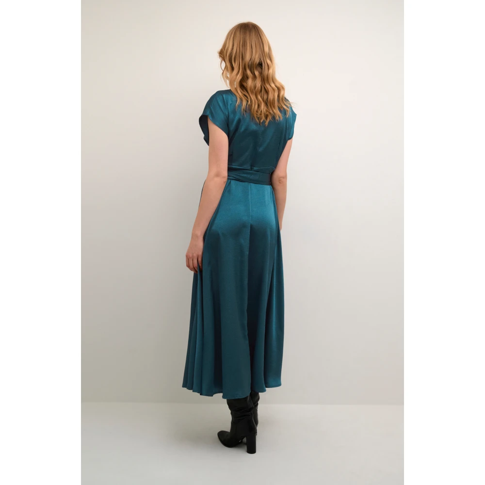 Cream Petrol Satijnen Wikkel Maxi Jurk Blue Dames