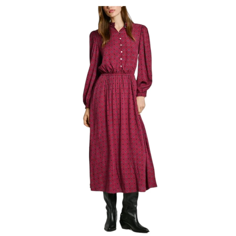 Pepe Jeans Elegante Bloemenjurk met Ruches Red Dames