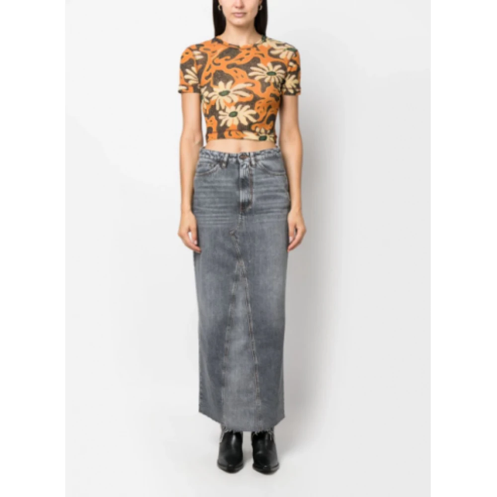 3X1 Grijze Denim Rok Hoge Taille Enkellengte Klassieke Zakken Gray Dames