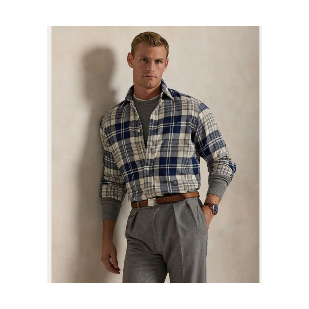 Ralph Lauren Flanellen Shirt Ruiten Offwhite Marineblauw Multicolor Heren