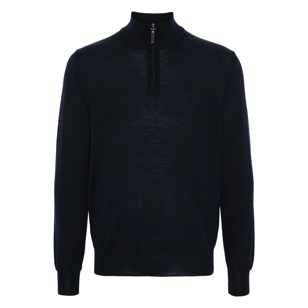 Canali Luxe Merinowol Halve Rits Gebreide Kleding Blue Heren