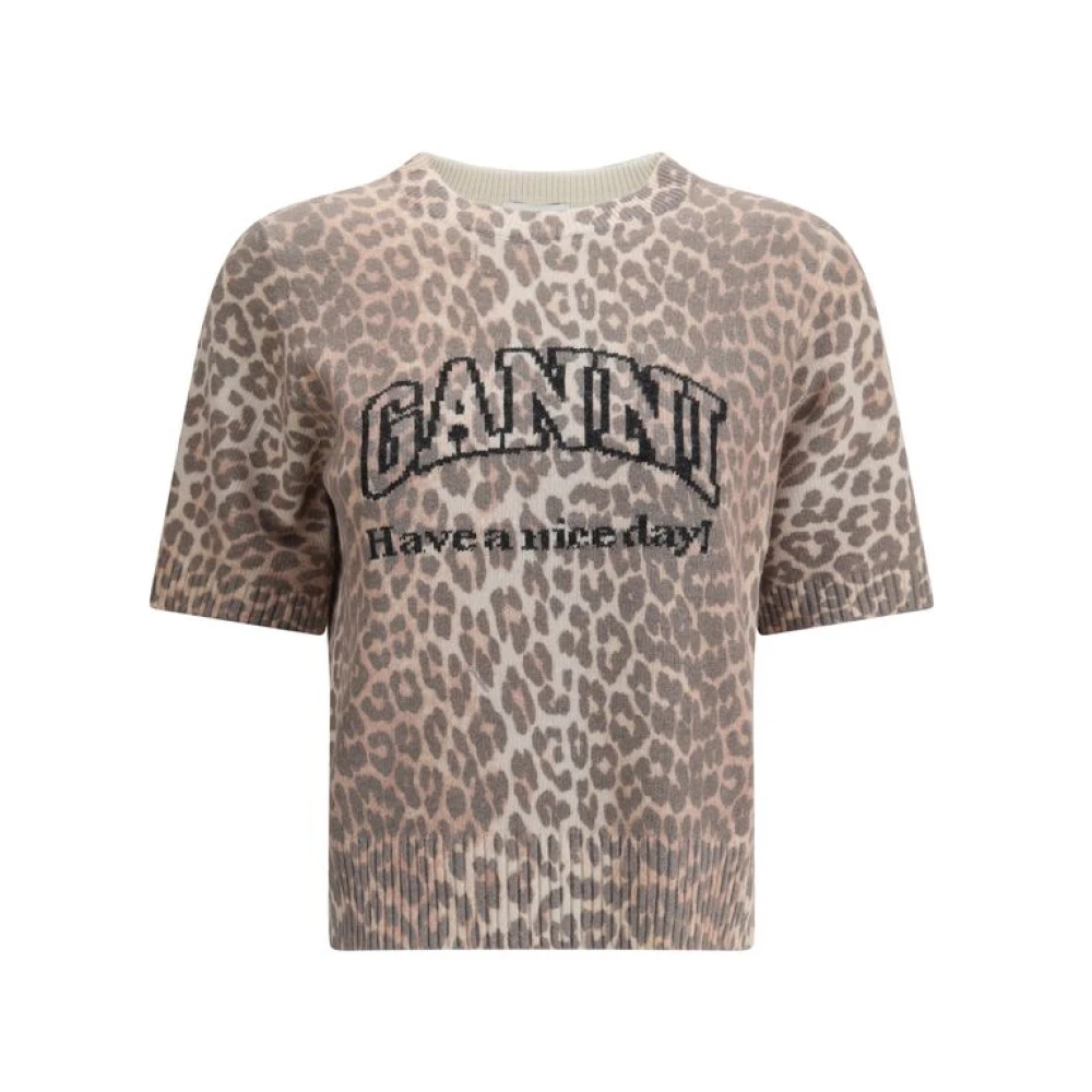 Ganni Leopard Print Short Sleeve Jumper - Female - Round-Neck Knitwear - Multicolor - S - Knitwear