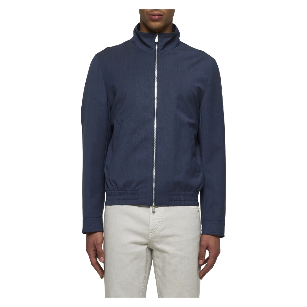 BRUNELLO CUCINELLI Blauwe Wol Staande Kraag Jas Blue Heren