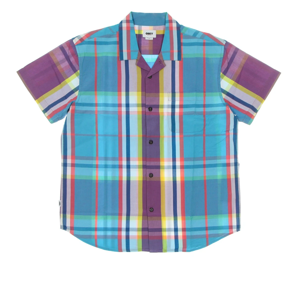 Obey Men's Multicolor Short Sleeve Shirts, L, Woven Short Sleeve Shirt Aqua Multi