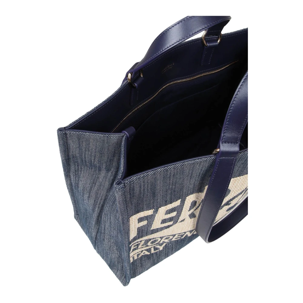 Salvatore Ferragamo Denim Tote Tas met Leren Details Blue Dames