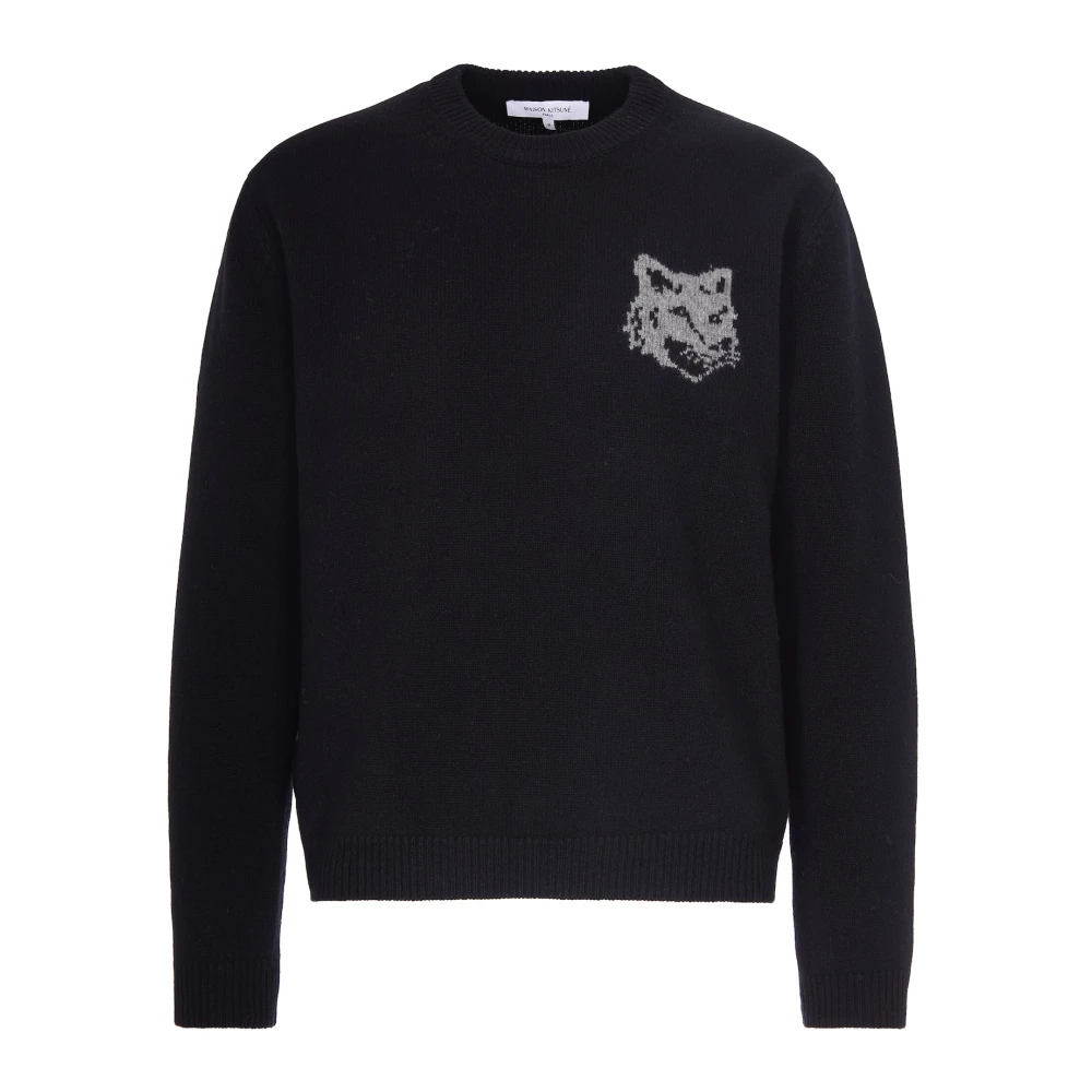 Maison Kitsuné Men's Black Maglia Girocollo Con Ricamo Fox Grande - Round-Neck Knitwear - M - Knitwear