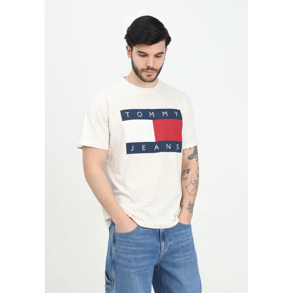 Tommy Jeans Crème T-shirt met Vlag Logo Beige Heren