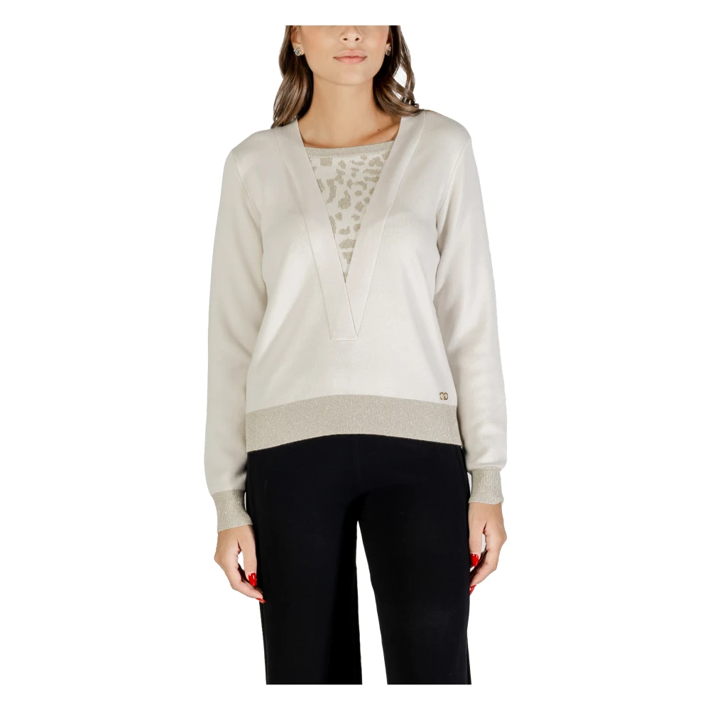 Liu Jo Women's White V-Neck Knitwear, S, V-Neck Knit Jumper With Animal Print