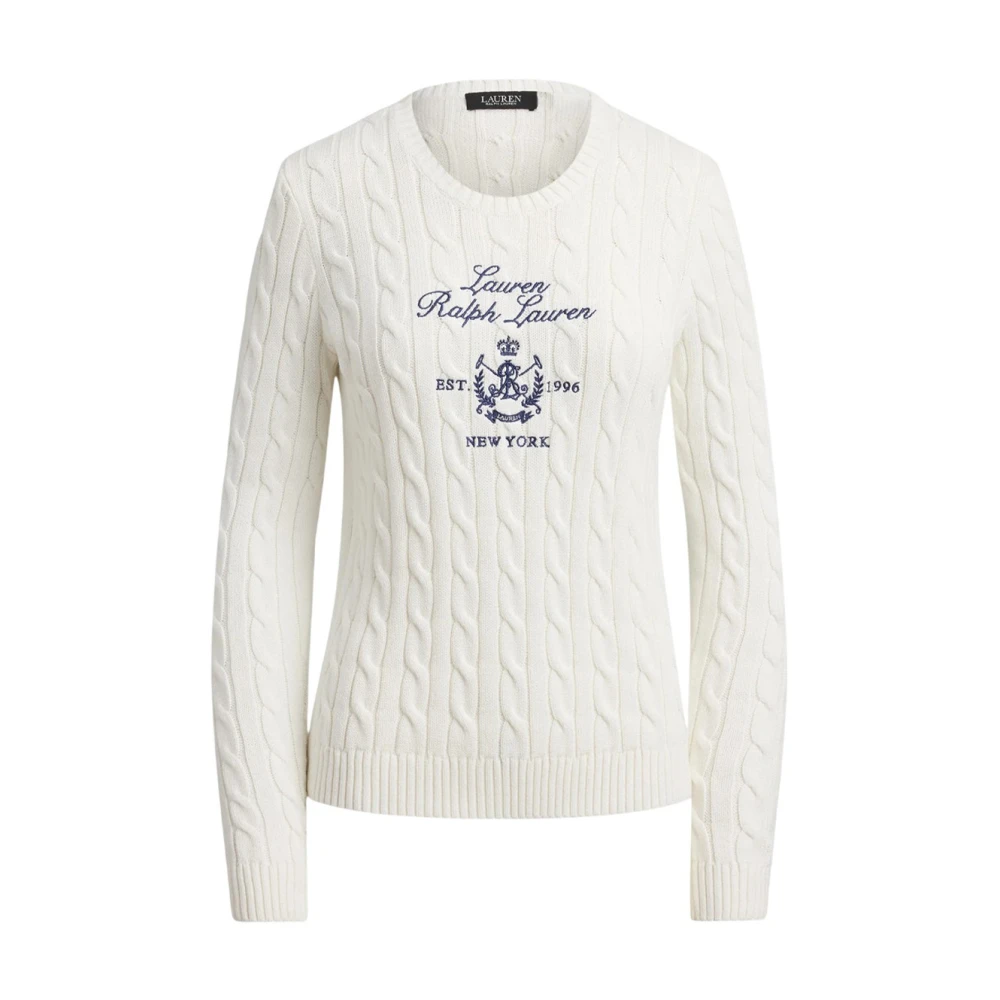 Ralph Lauren Donna Bianco Maglione A Treccia Con Stemma Ricamato