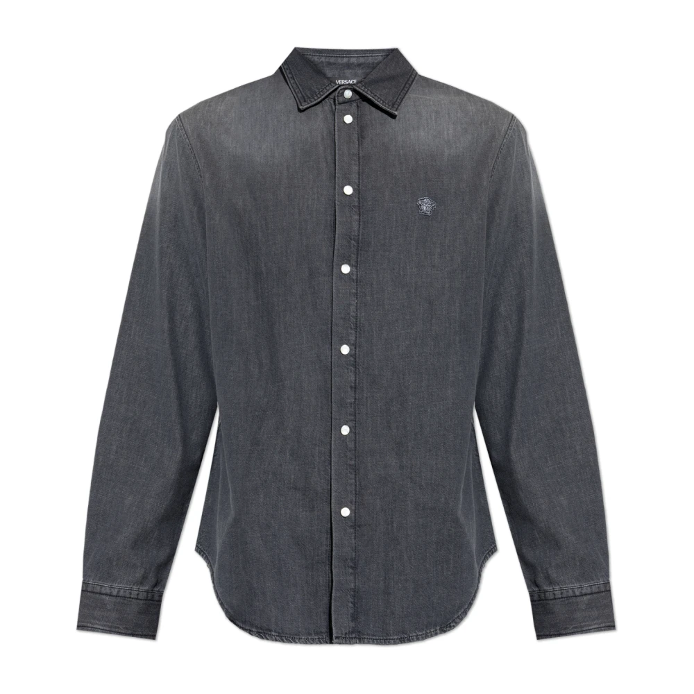 Versace Mannelijk Grijs Overhemden Heren, Xl, Denim, Denim Overhemd Met Patch
