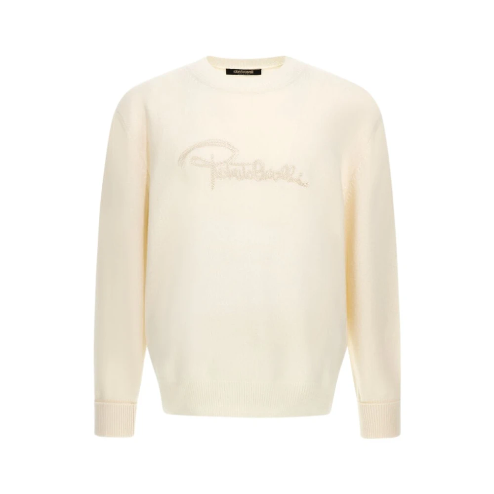 Roberto Cavalli Beige Ivory Logo Sweatshirt Made In Italy - Male - Round-Neck Knitwear - Xl - Knitwear