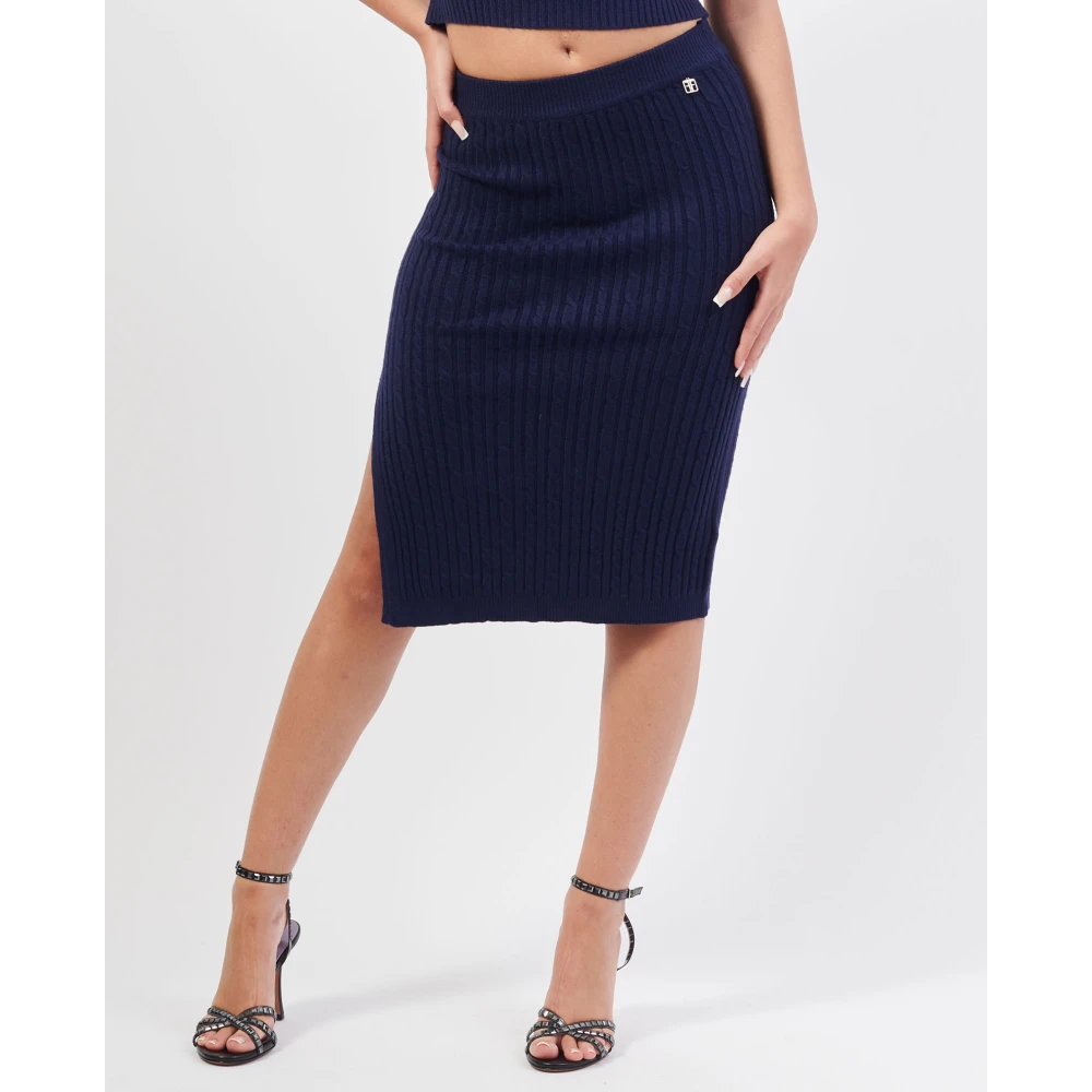 Fracomina Blauwe Gebreide Midi Rok met Zijsplit Blue Dames