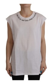 White Cotton Printed Round Neck Tank Top